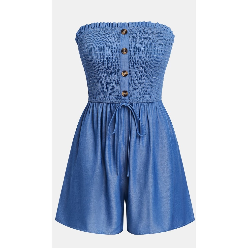 Cupshe Women's Medium Blue Smocked Strapless Romper Chambray Faux Button Pockets